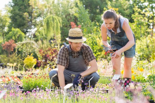 Gardener team starting a safe garden maintenance job near a front garden