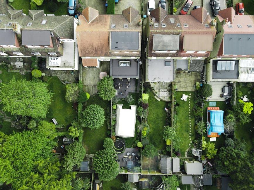 An aerial view of a residential area featuring multiple small back gardens separated by wooden fences, each with a variety of plants, trees, and lawn areas. One garden has a neatly mowed lawn bordered
